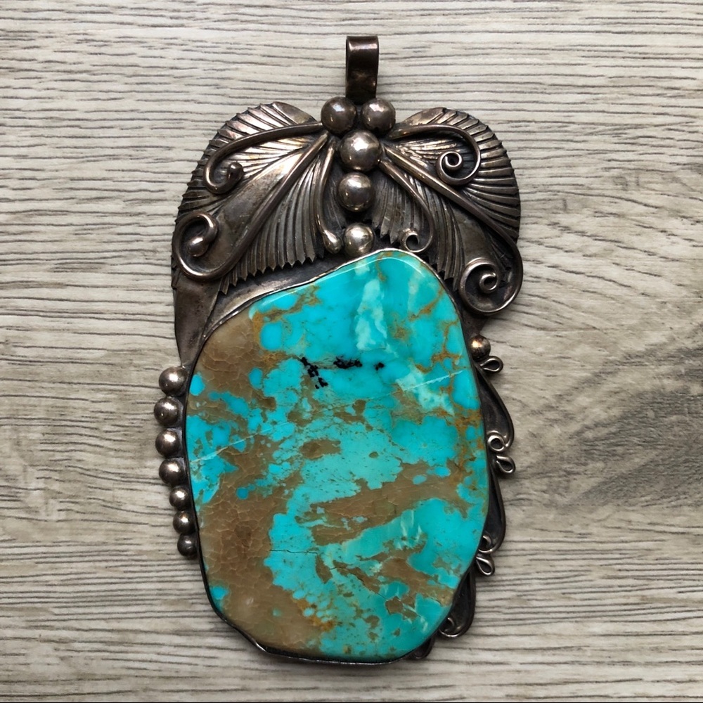 HUGE Vintage Navajo Kingman Turquoise 925 Sterling Silver Pendant Statemnt Piece - Picture 3 of 17